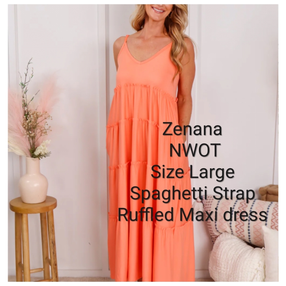 Zenana NWOT Adjustable Spaghetti Strap Ruffled Maxi dress, size Large